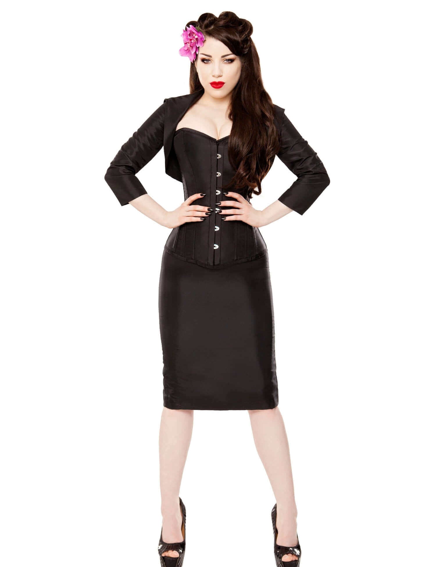 Long Black Tafetta Corset, Pencil Skirt, Bolero & Halters