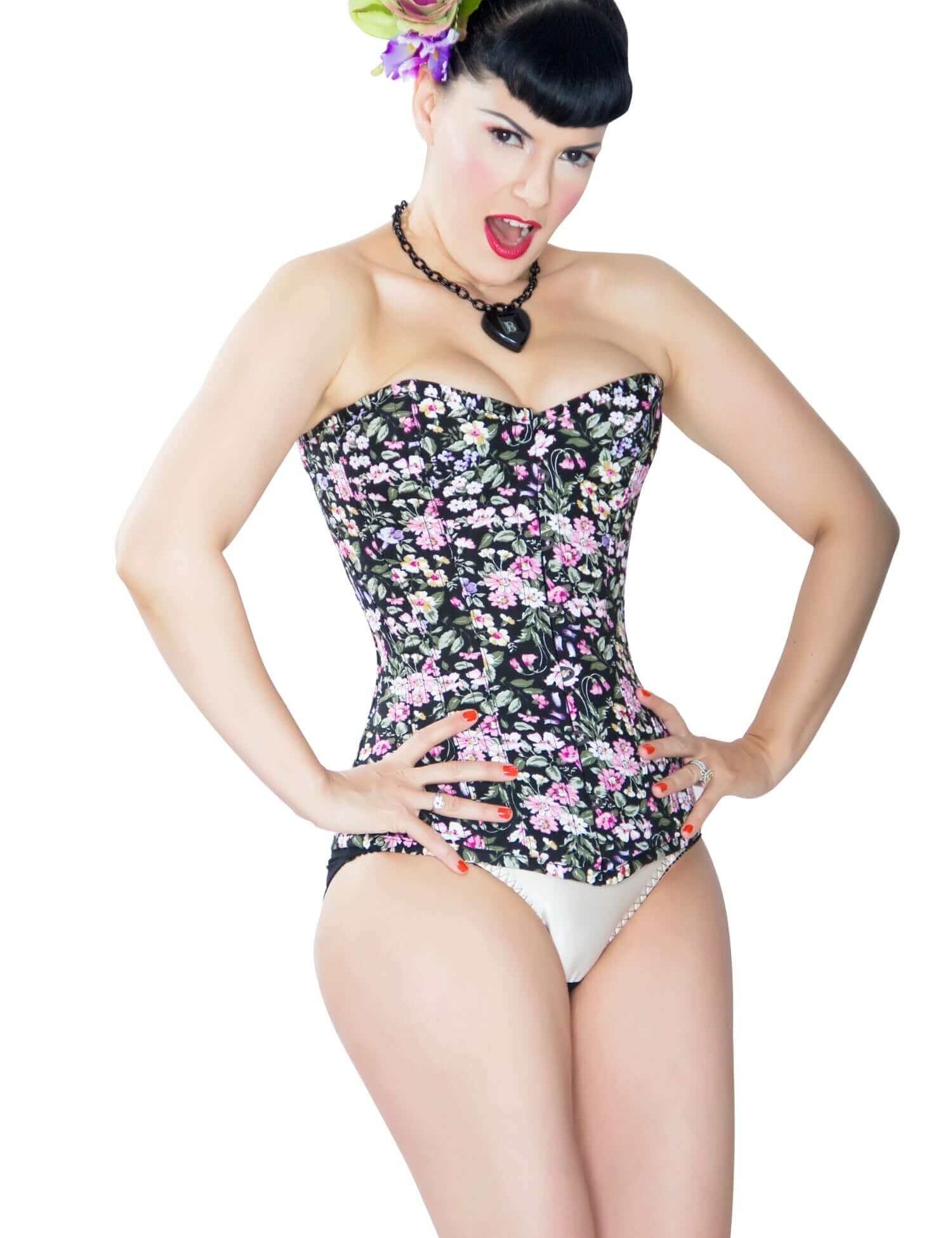 Playgirl Long Overbust Black Floral Steel Boned Corset