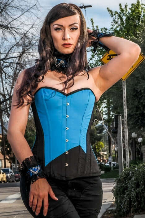 Playgirl Long Overbust Black & Blue Steel Boned Corset