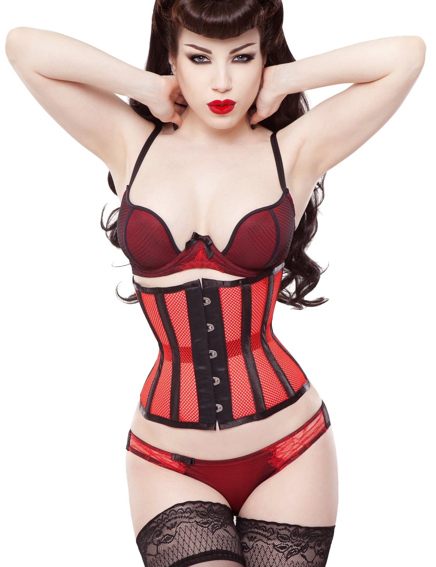 Playgirl Eve Red Net Mesh Cincher Corset With Black